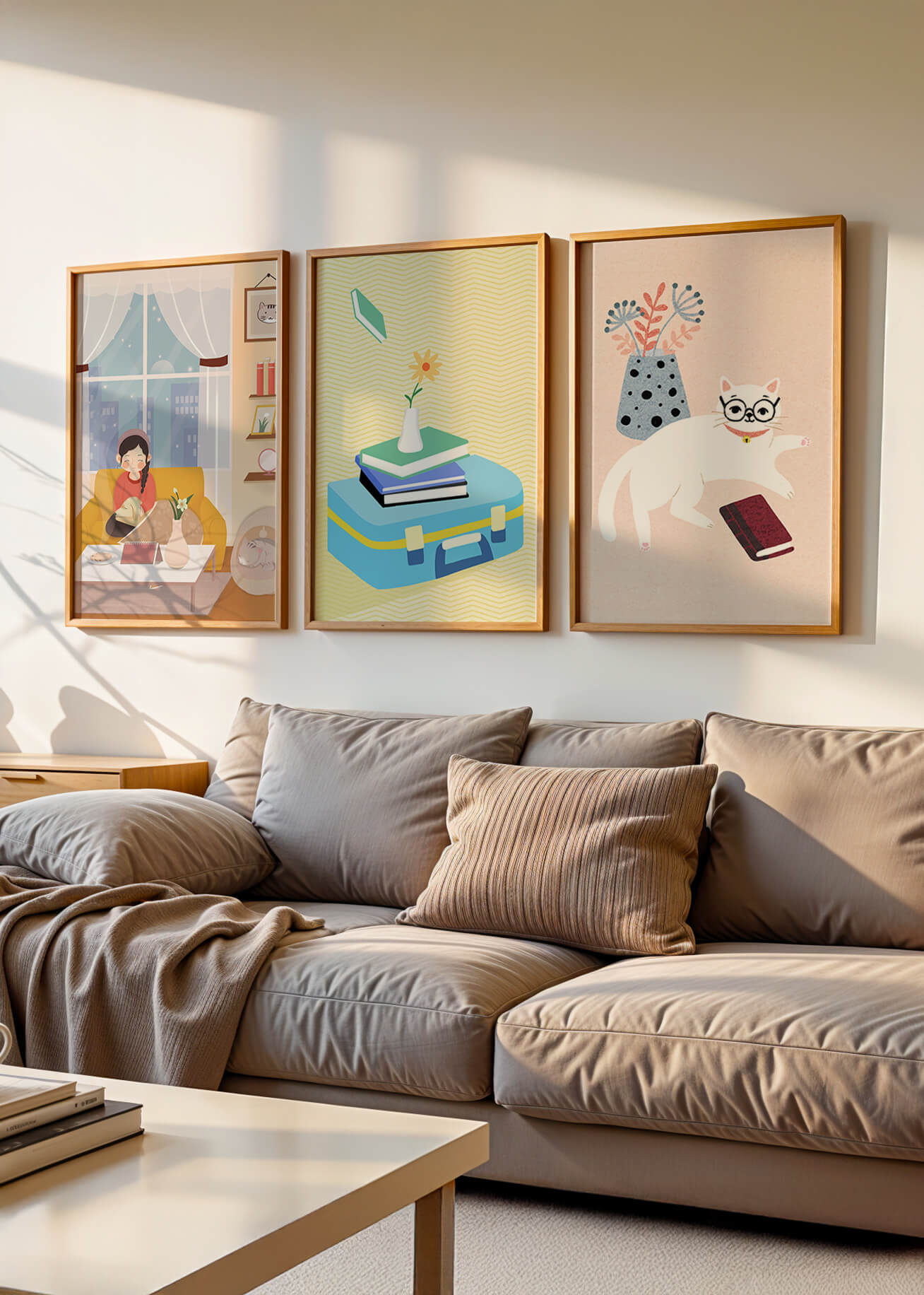 Triptyque moderne avec illustrations d’intérieurs et d’animaux
