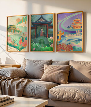 Asiatische Illustrationen mit floralen und architektonischen Elementen