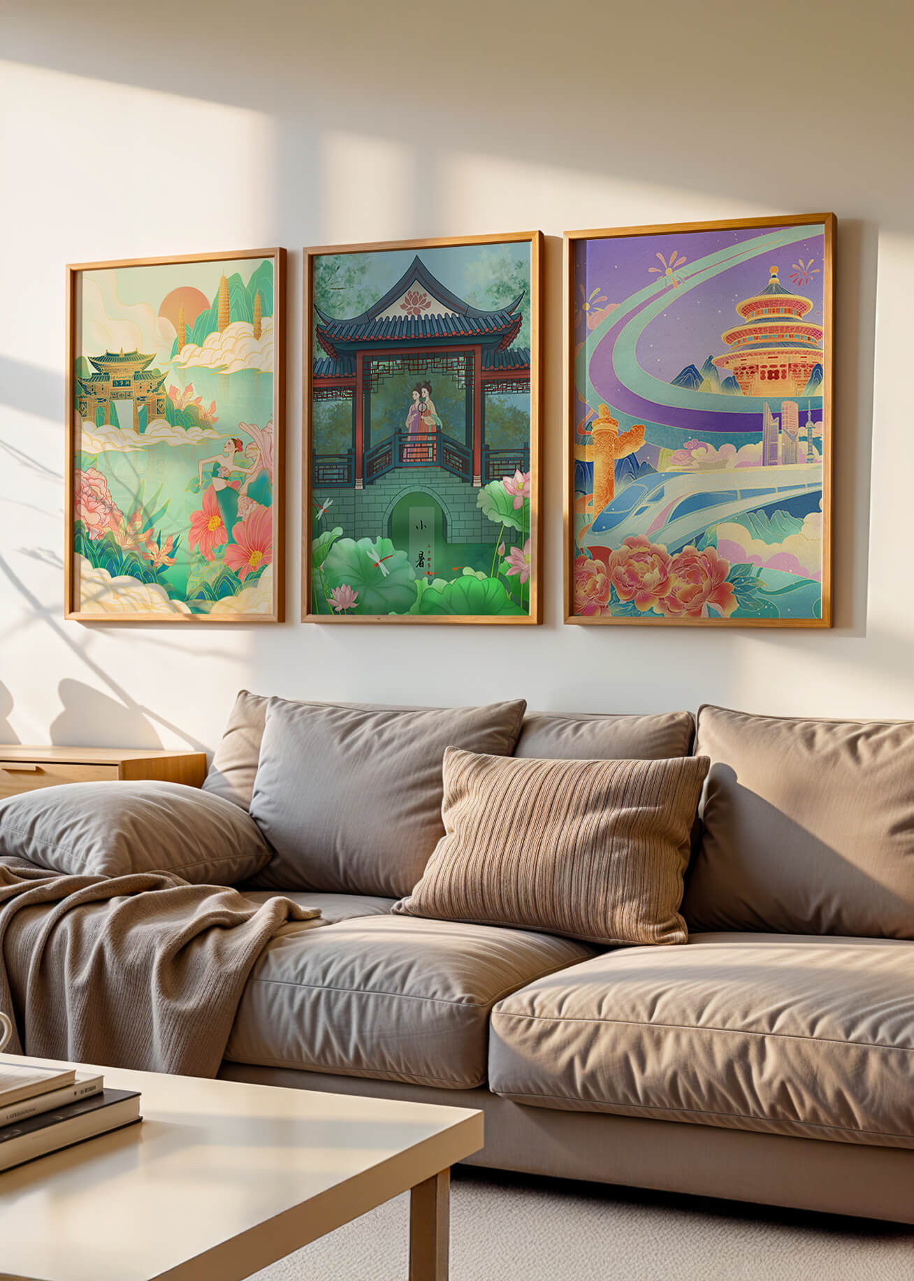 Asiatische Illustrationen mit floralen und architektonischen Elementen