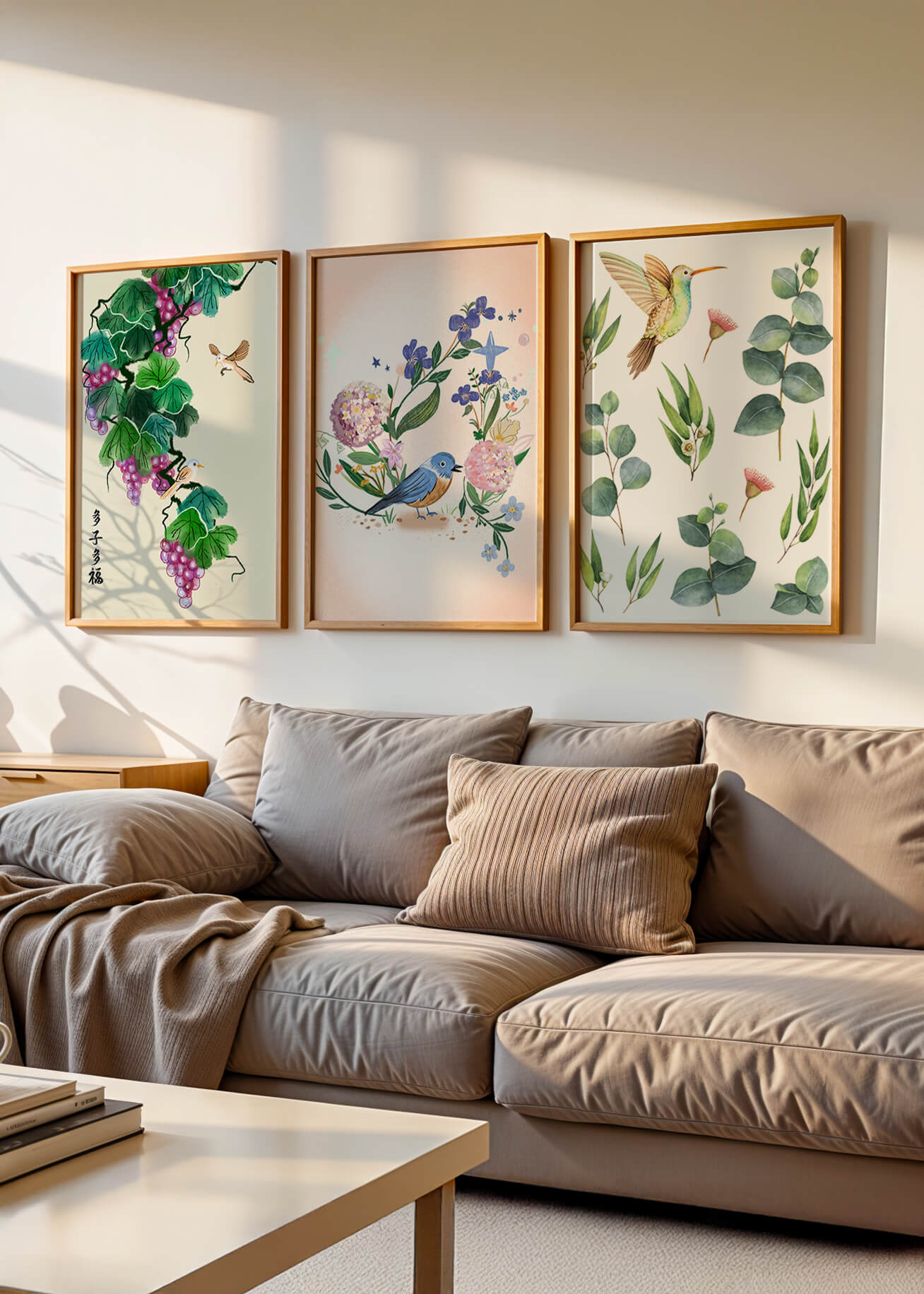 Ensemble de trois œuvres d'art avec des motifs naturels et des oiseaux
