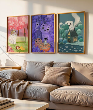 Triptyque d’illustrations de chats dans des paysages magiques