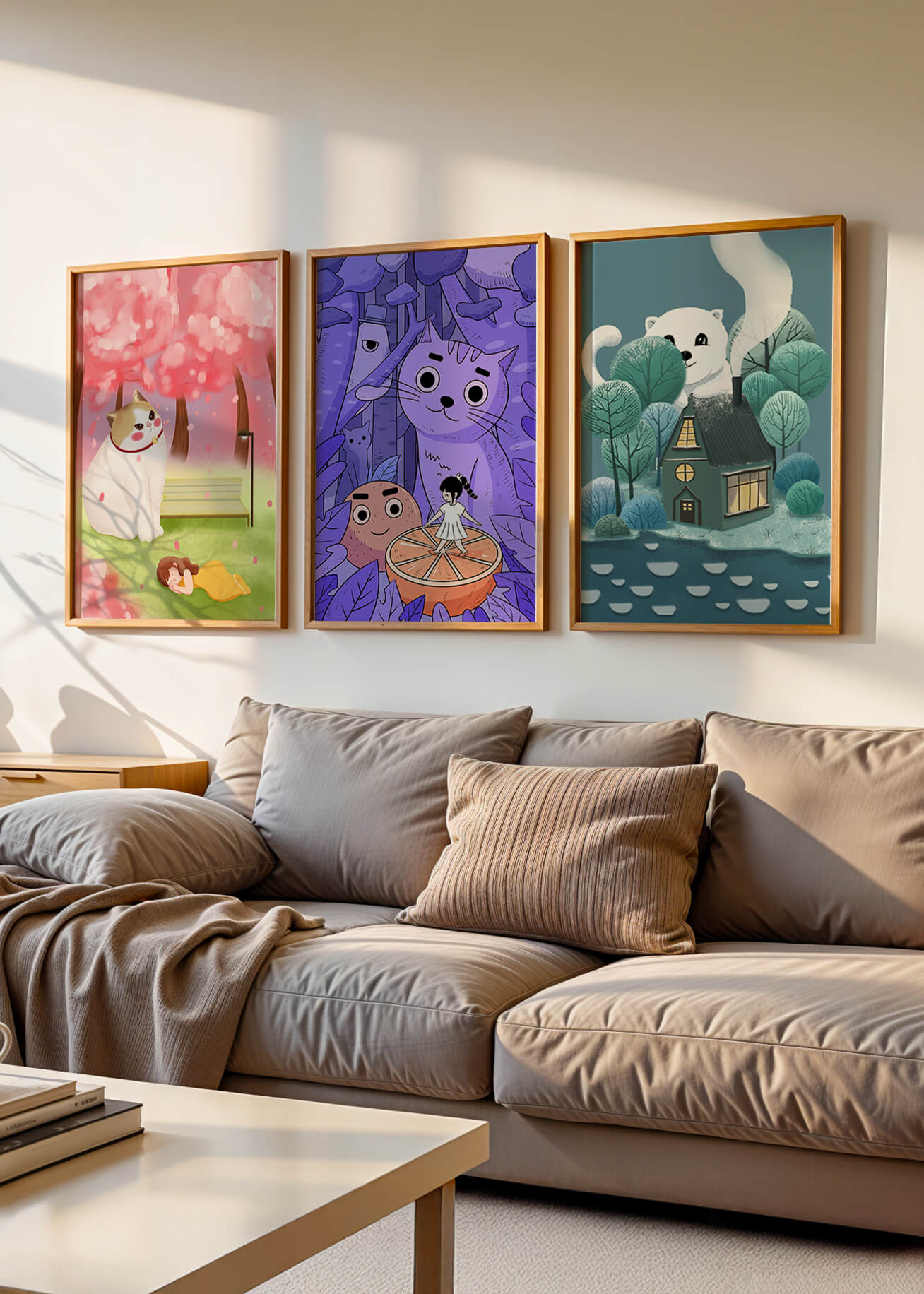 Triptyque d’illustrations de chats dans des paysages magiques