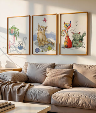 Art illustré de chats dans des cadres en bois