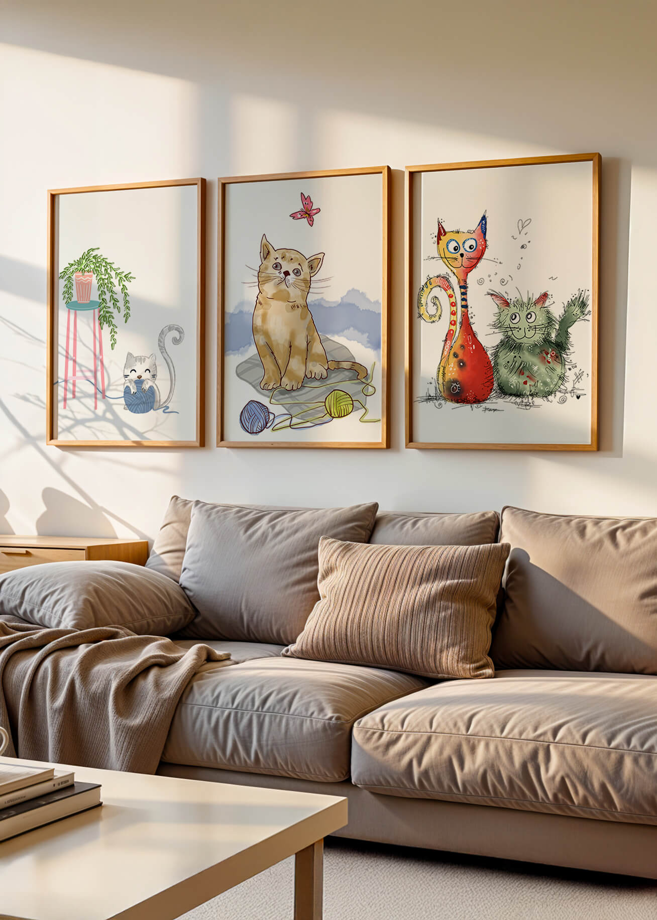 Art illustré de chats dans des cadres en bois