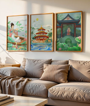 Triptyque d'illustrations orientales dans des intérieurs modernes