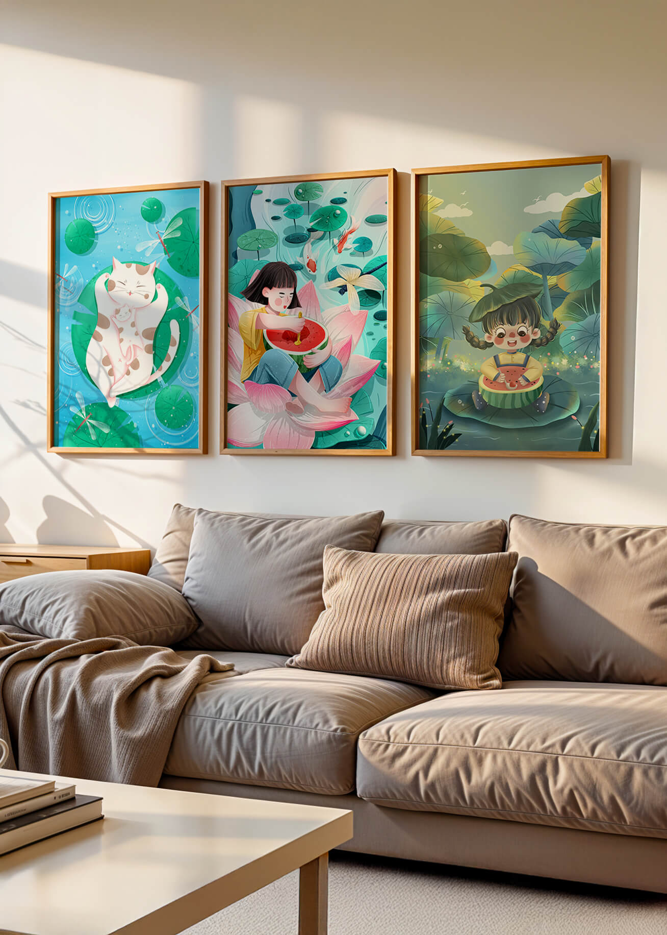 Illustrations colorées avec chat et enfants dans un paysage naturel