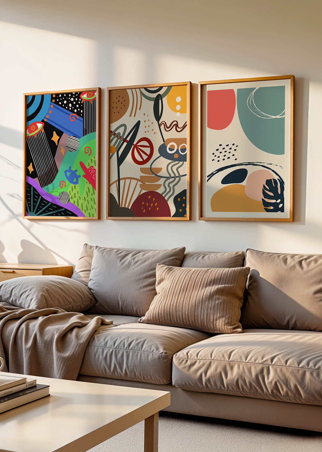 Ensemble de toiles abstraites modernes avec cadres en bois