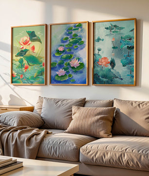 Triptyque d'aquarelles de fleurs de lotus au design moderne