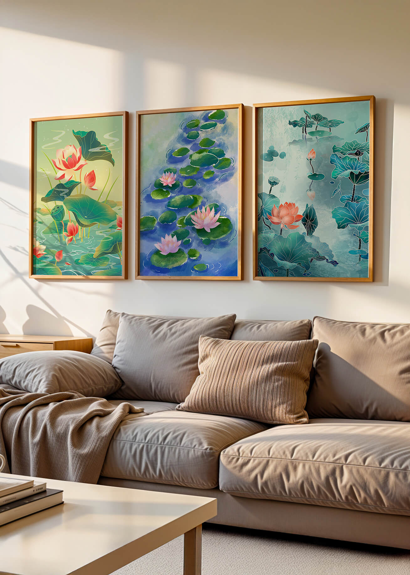 Tríptico de acuarelas de flores de loto en diseño moderno