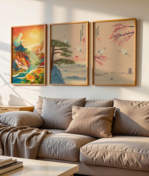 Images de paysages orientaux avec des grues et des dragons