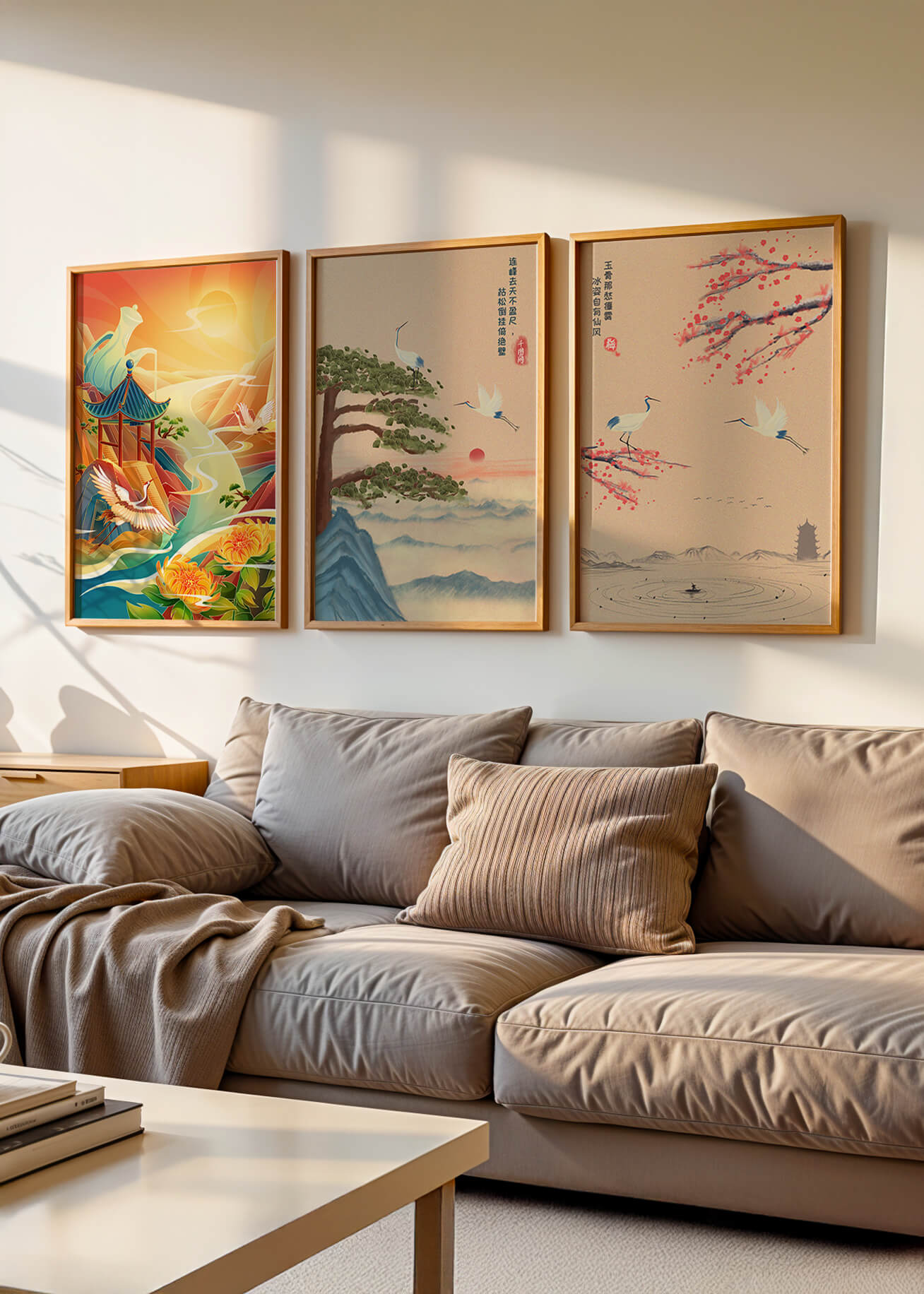 Images de paysages orientaux avec des grues et des dragons