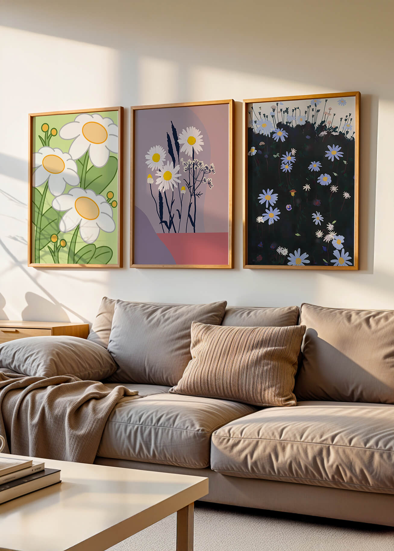 Triptyque d'art floral avec des marguerites en couleurs pastel