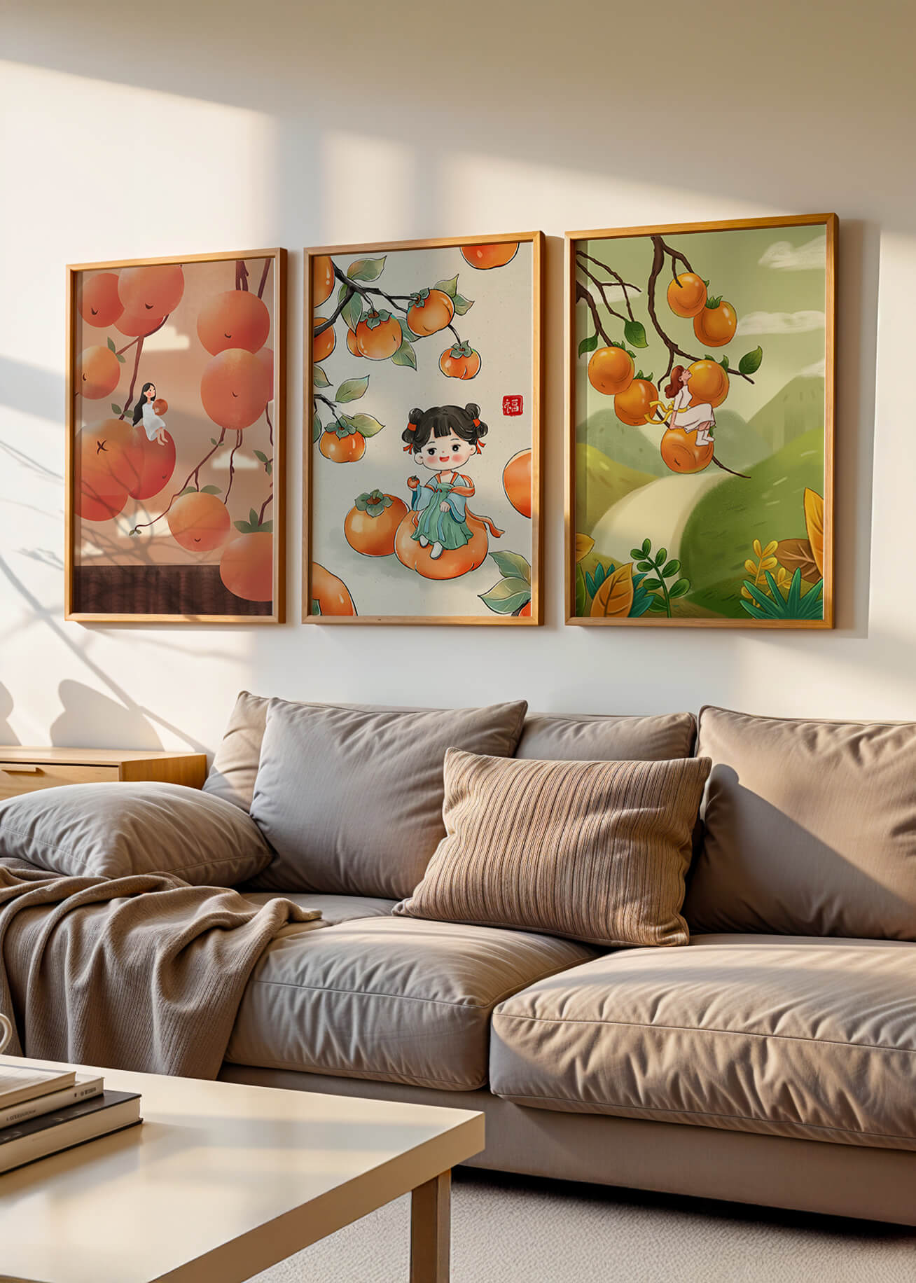 Illustrations de fruits avec des filles sur un fond en bois