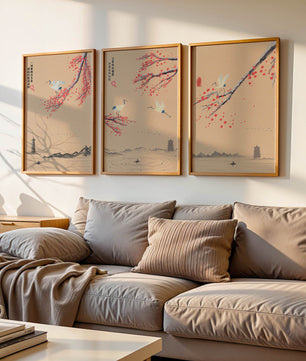 Ensemble d'art oriental avec grues et fleurs de cerisier
