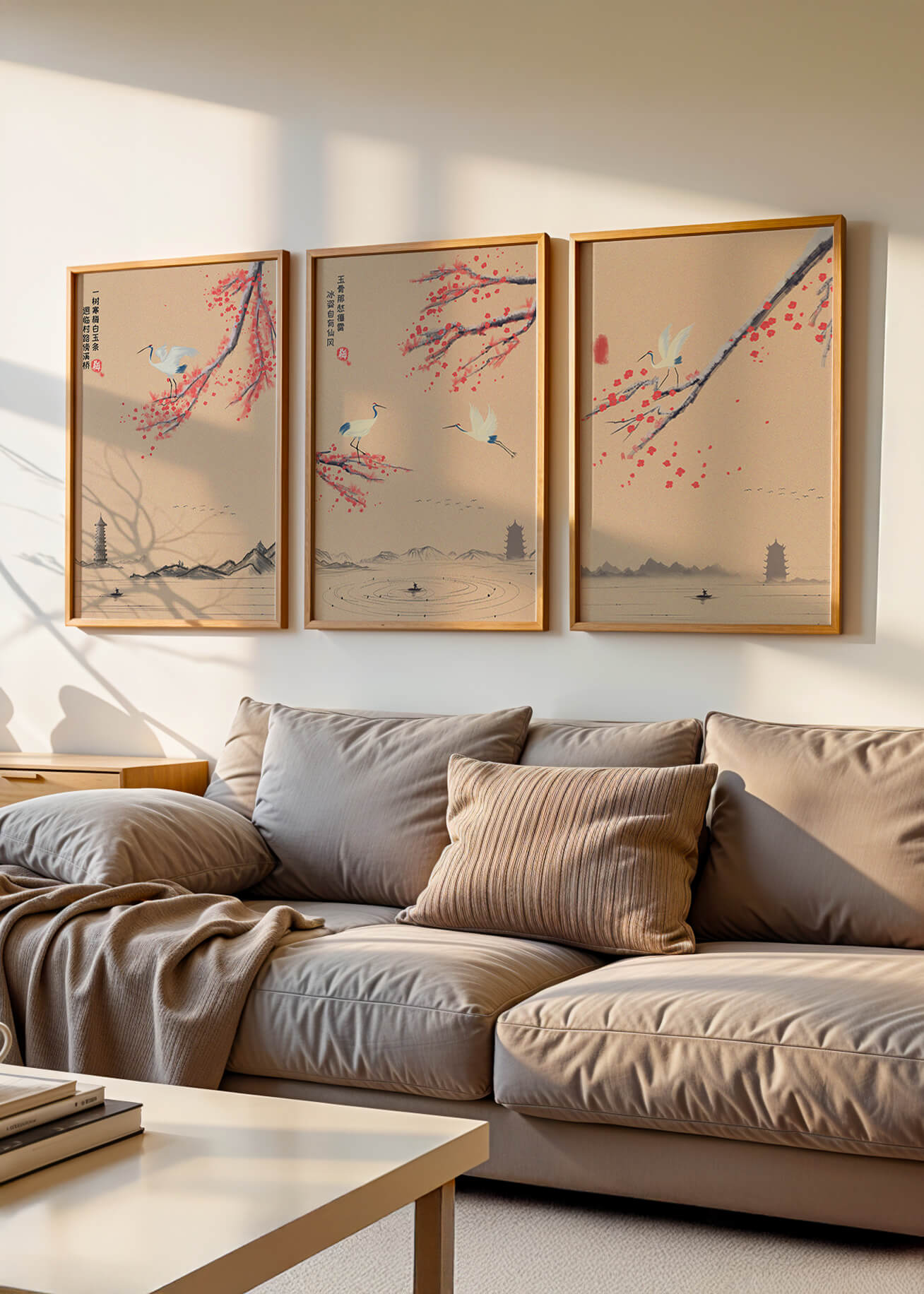 Conjunto De Arte Oriental Con Grullas Y Flores De Cerezo