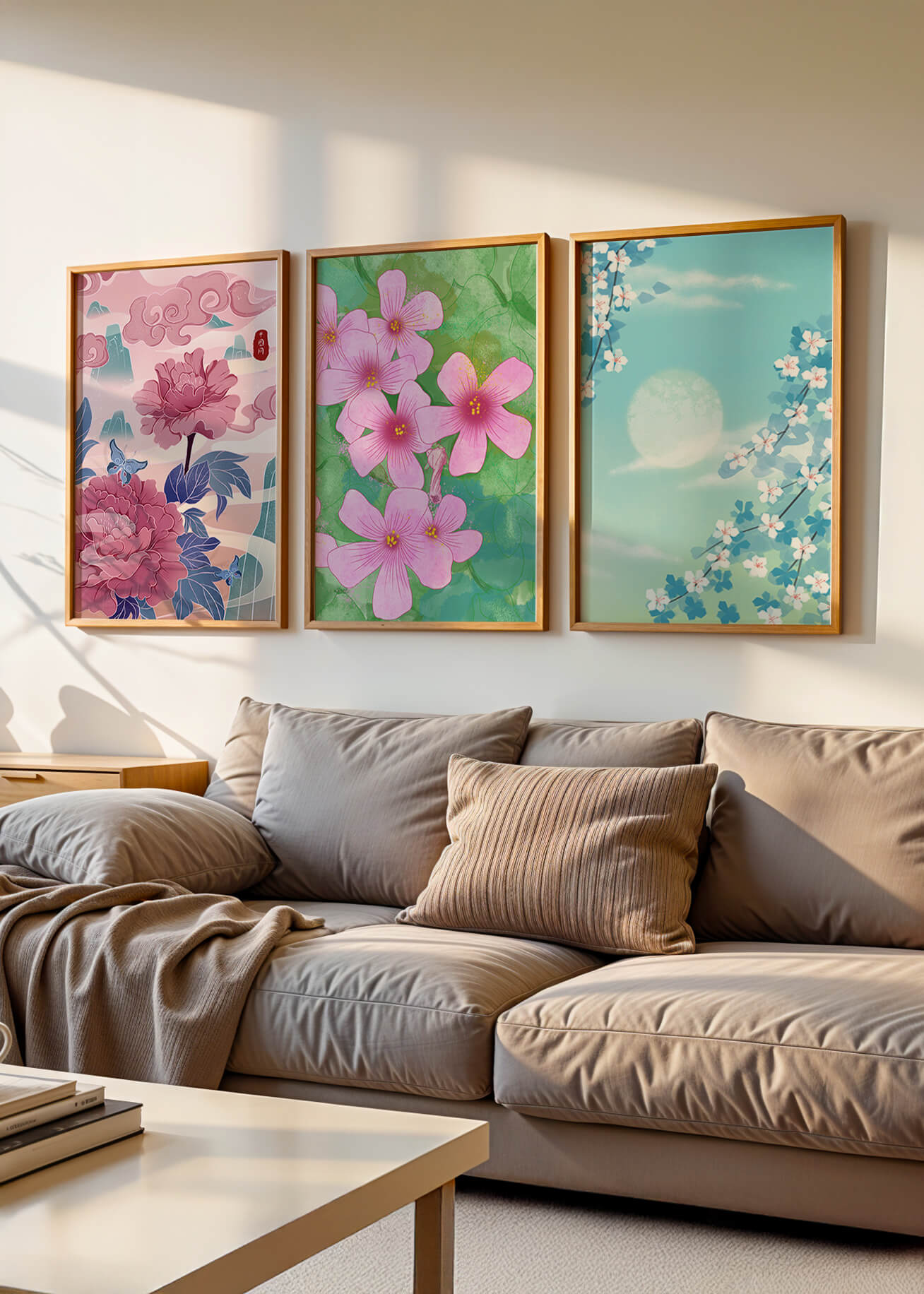 Buntes florales Triptychon mit Naturinspirationen