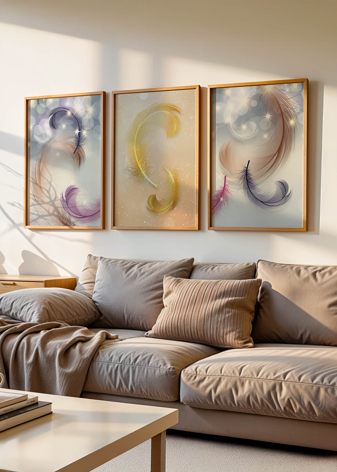 Art abstrait avec des plumes dans des tons pastel