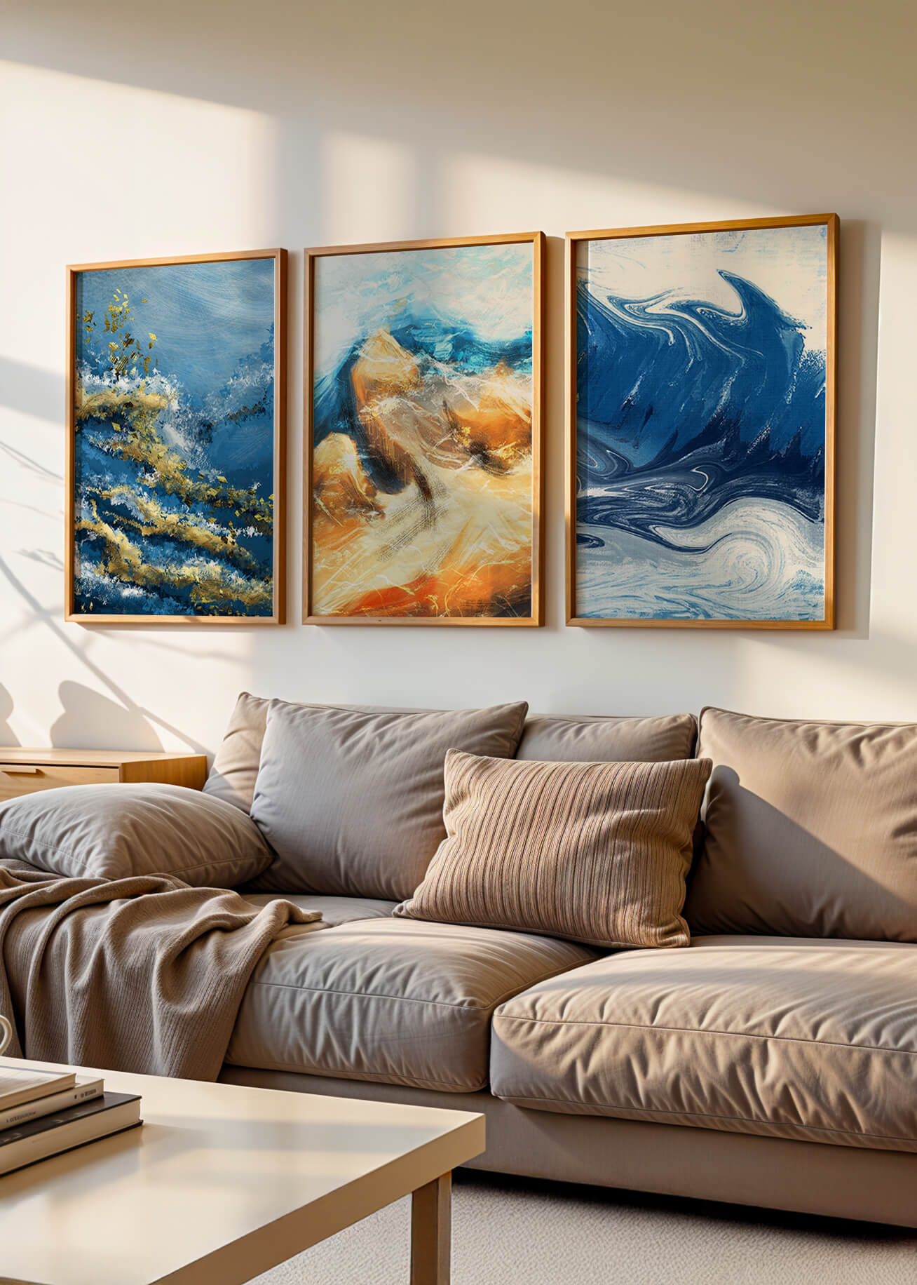 Ensemble de peintures abstraites dans des tons bleus et dorés