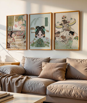 Illustrations de style oriental avec des personnages enfantins