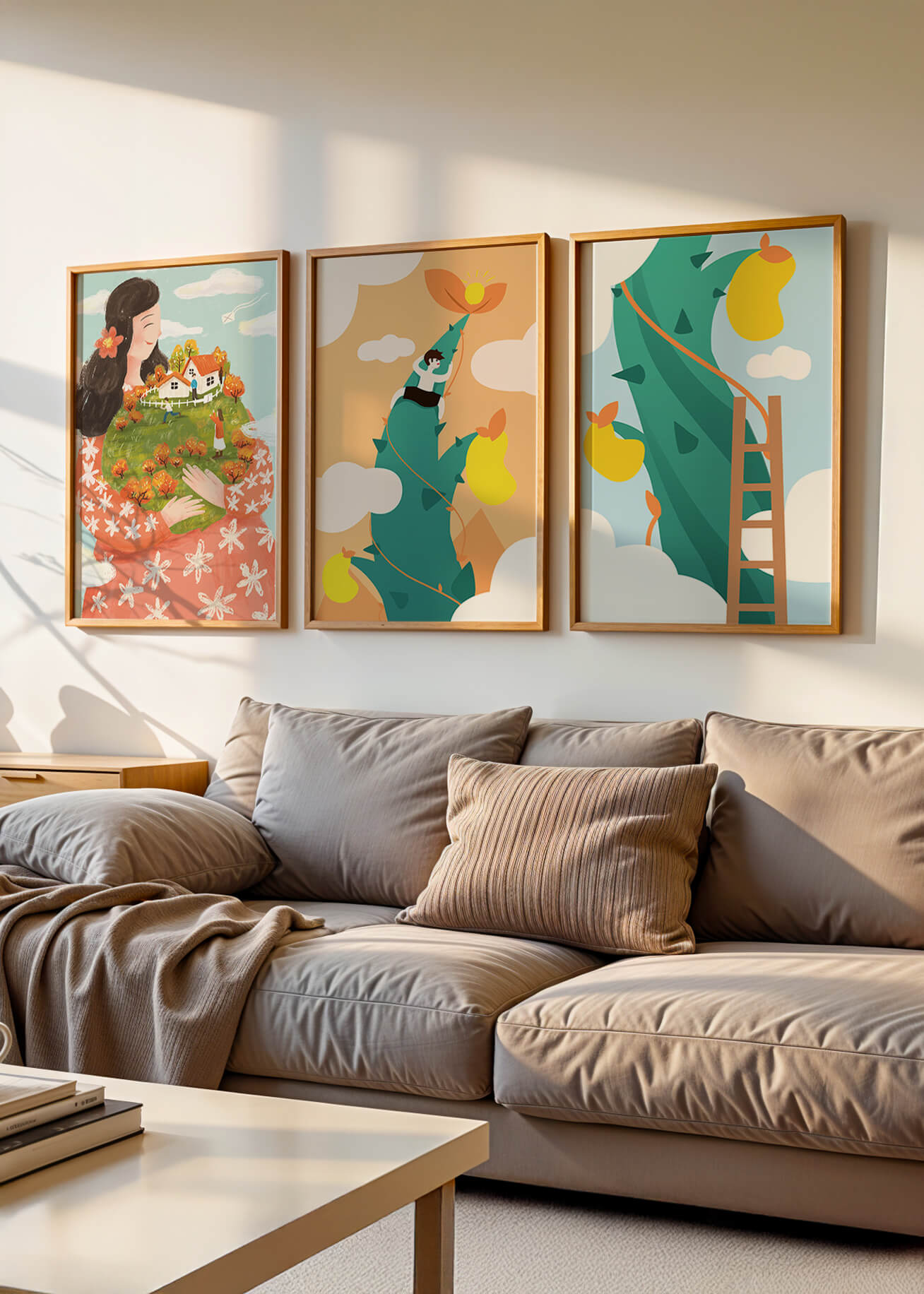 Ensemble de trois tableaux avec des illustrations colorées