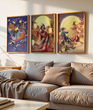 Triptyque de posters à thème oriental et pleine lune