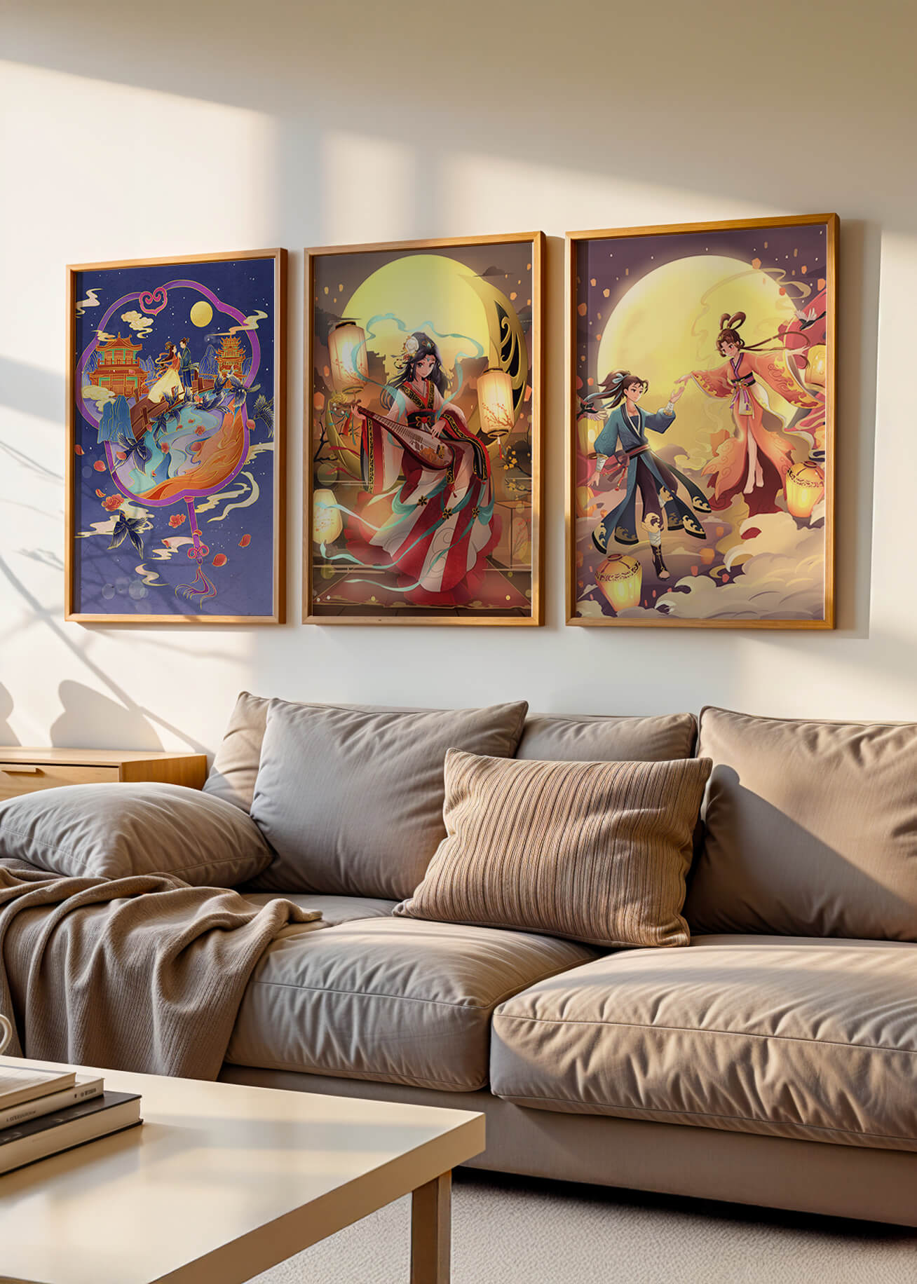 Triptyque de posters à thème oriental et pleine lune