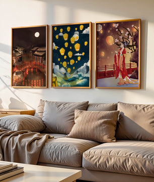 Ensemble de toiles avec éléments asiatiques et lanternes lumineuses