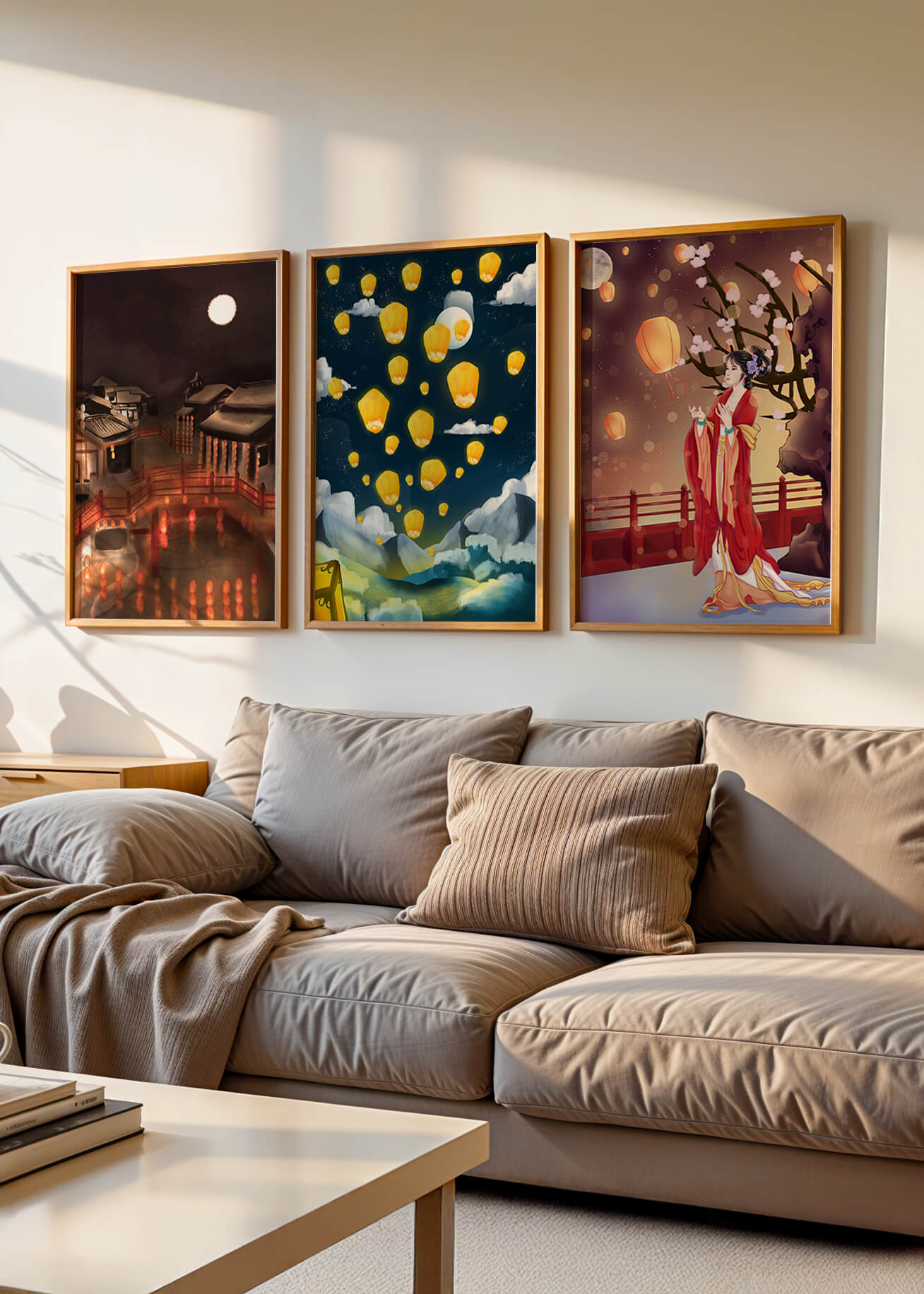 Ensemble de toiles avec éléments asiatiques et lanternes lumineuses