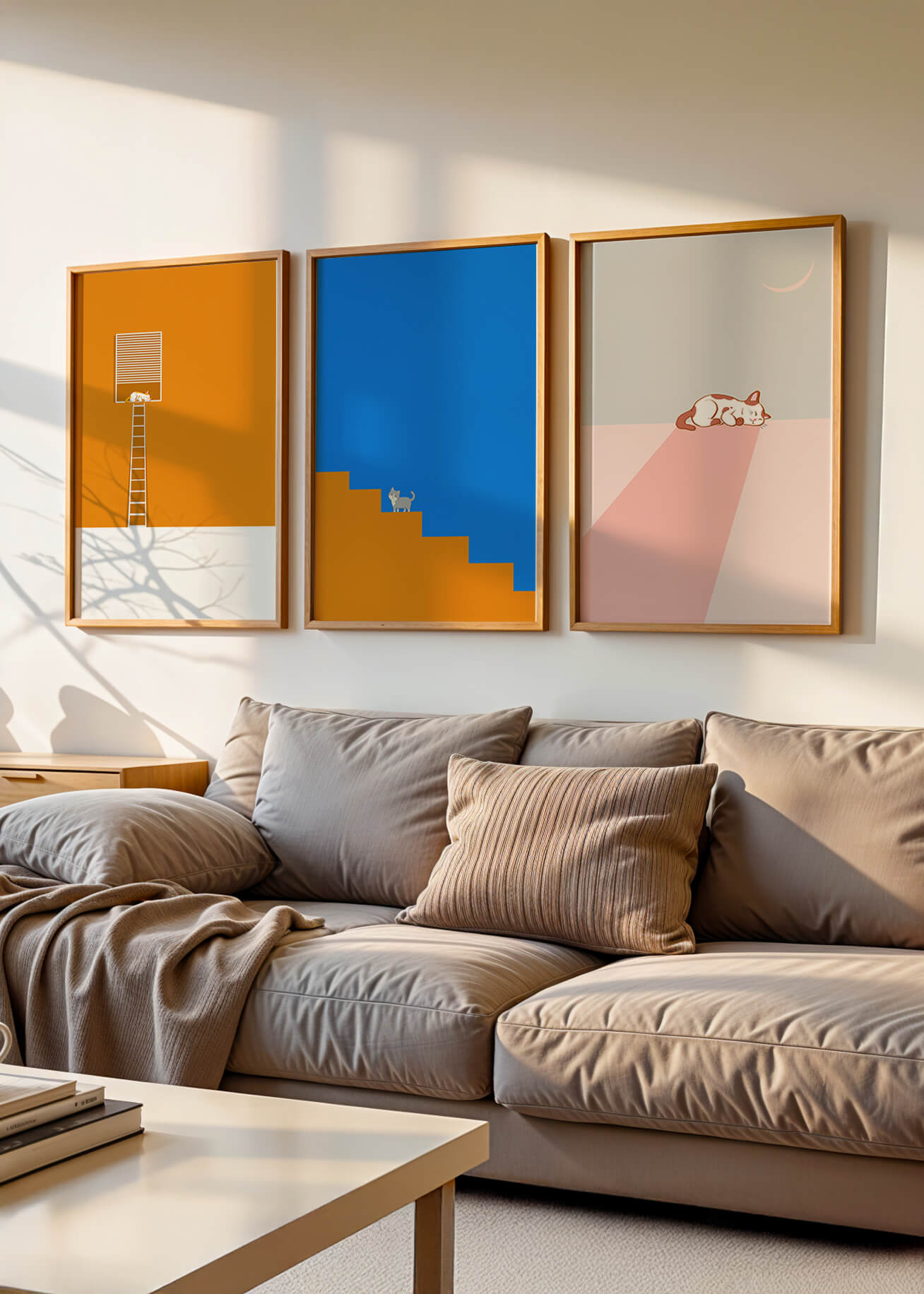Ensemble de trois tableaux avec des figures géométriques et un chat