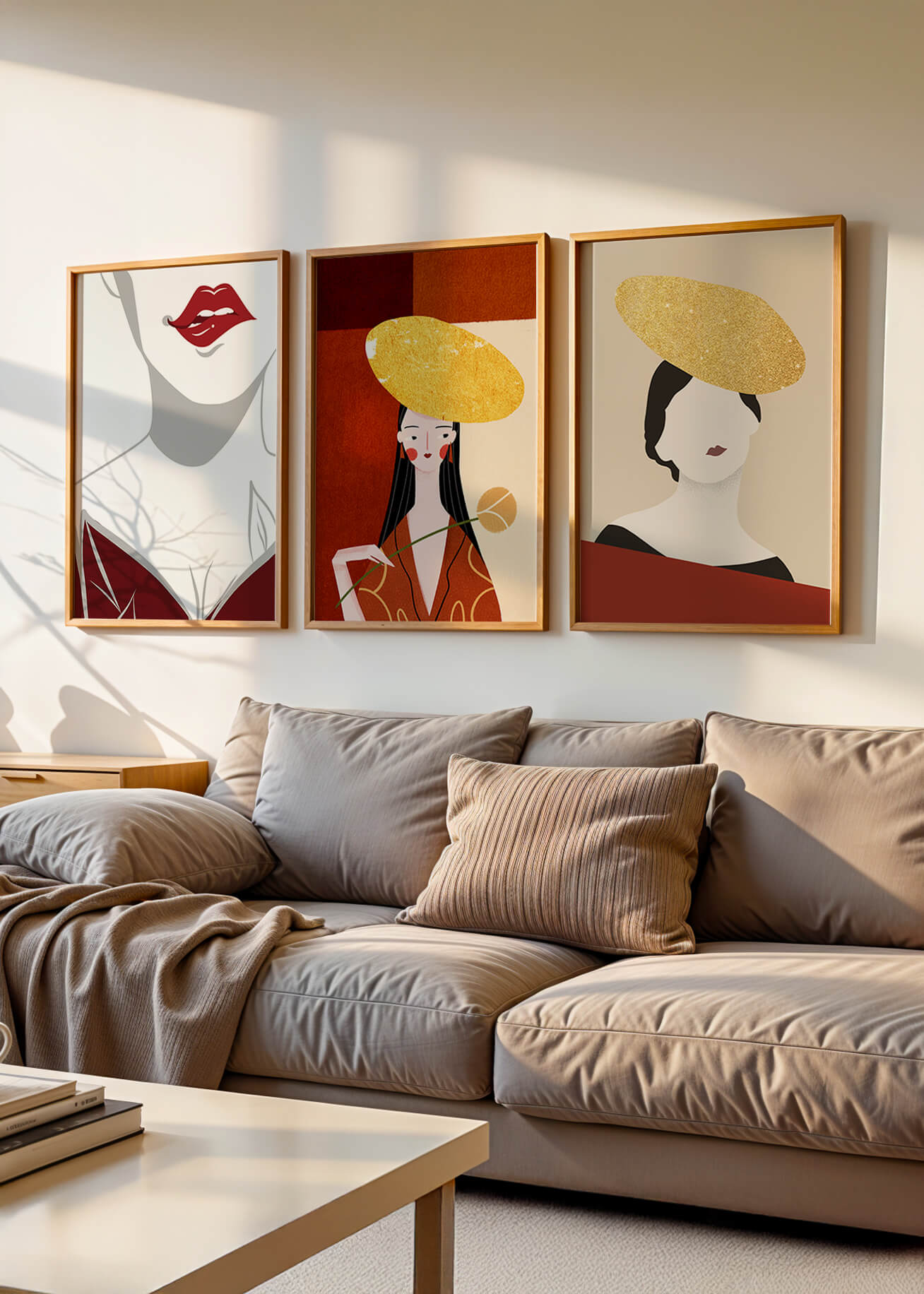 Triptyque moderne avec touches dorées et minimalisme