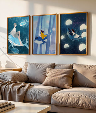 Ensemble d'illustrations de baleines volantes et de figures humaines dans un environnement cosmique