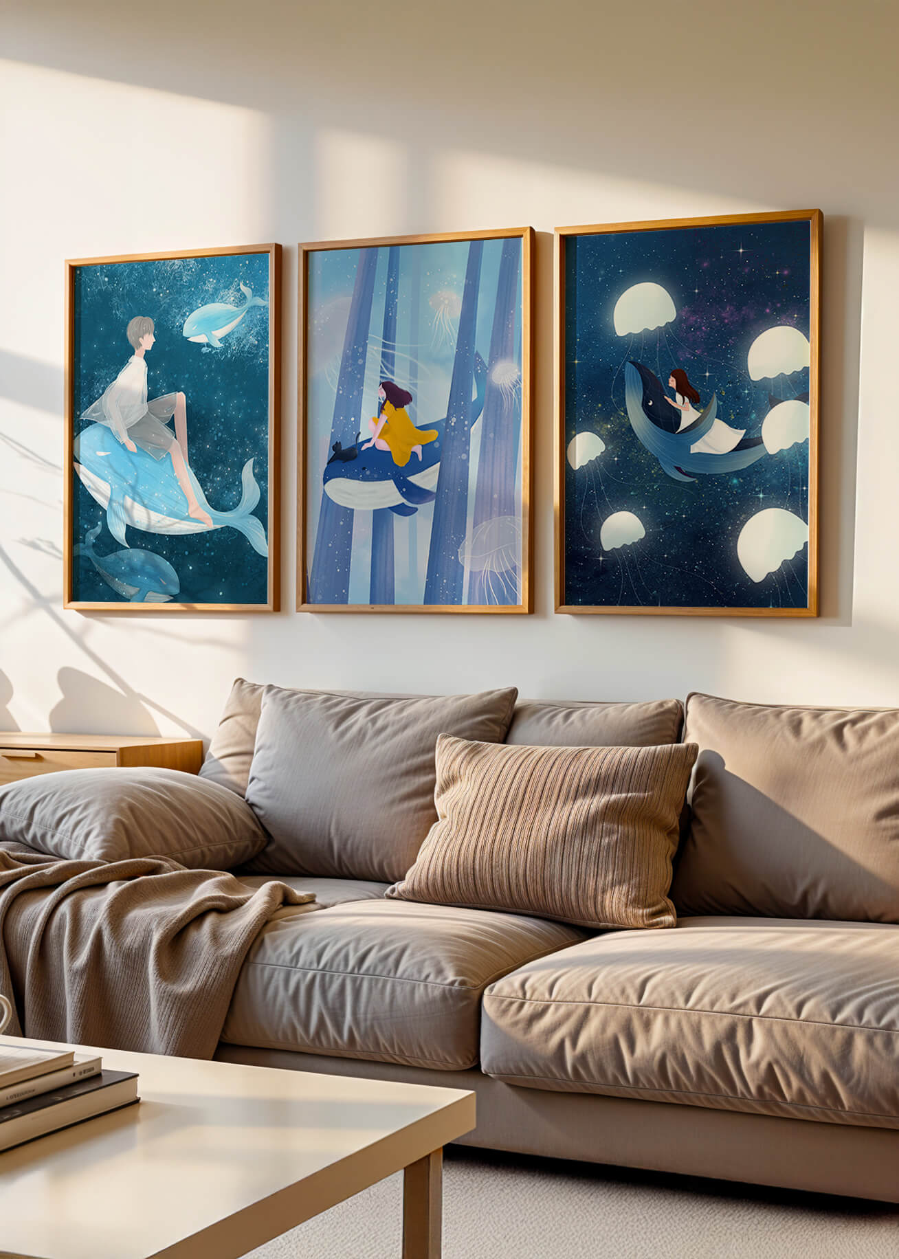 Ensemble d'illustrations de baleines volantes et de figures humaines dans un environnement cosmique