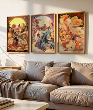 Triptyque d'art fantastique avec des personnages imaginaires