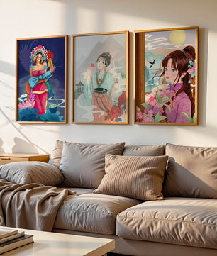 Moderne asiatische Kunst mit Frauen und Natur