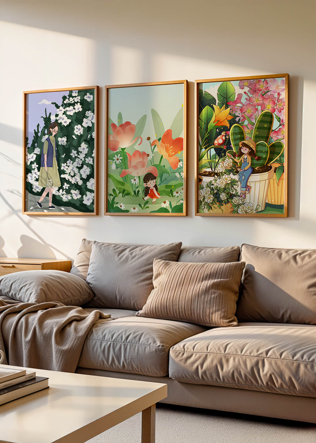 Tríptico de Ilustraciones Florales y Personajes