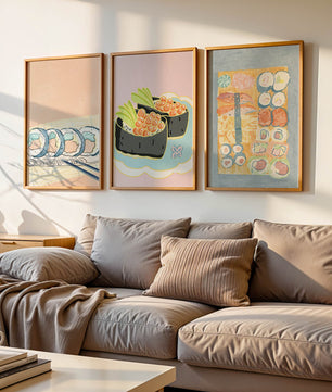 Ensemble de toiles avec illustrations de sushi sur fond pastel