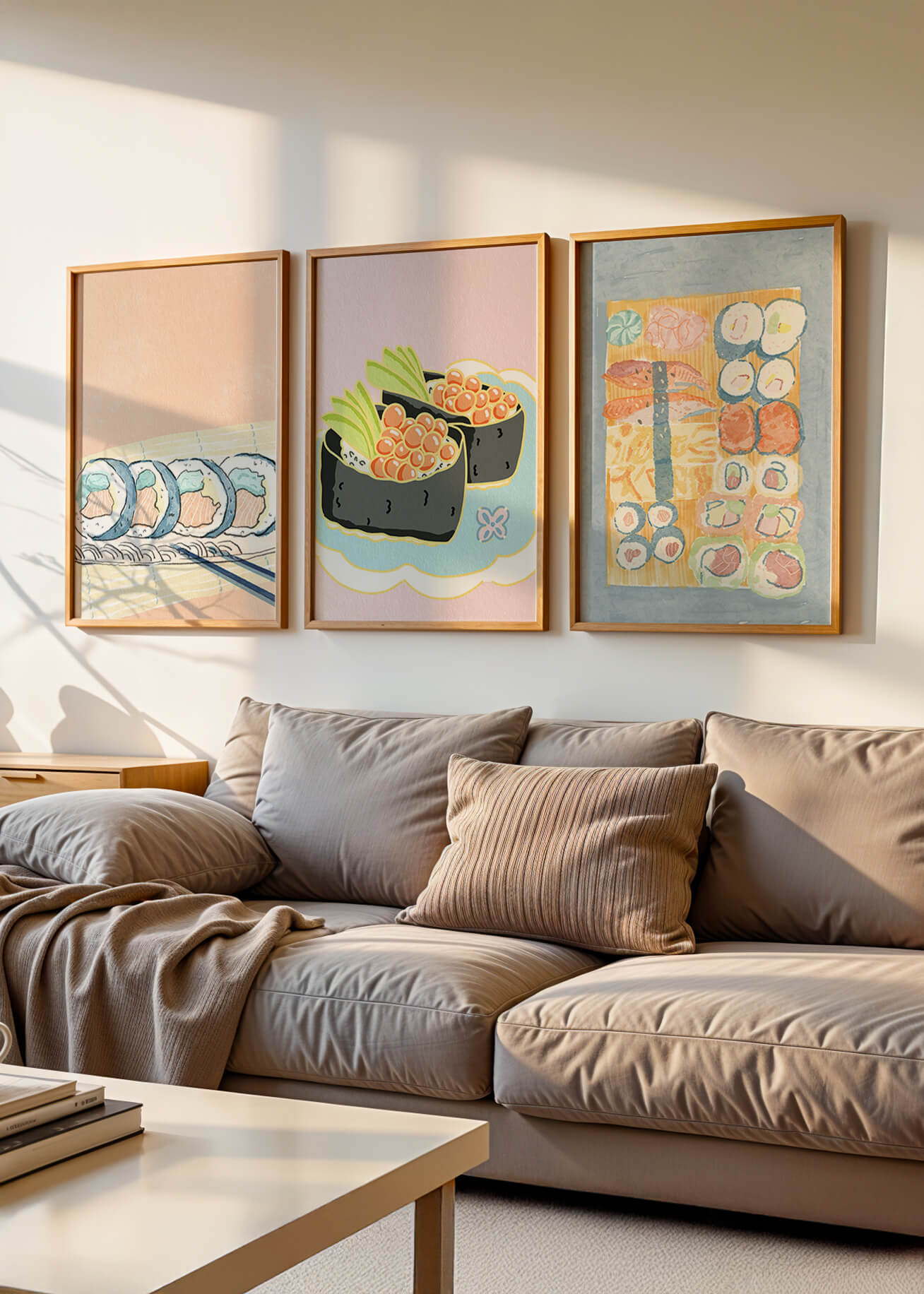 Conjunto de Lienzos con Ilustraciones de Sushi en Fondo Pastel