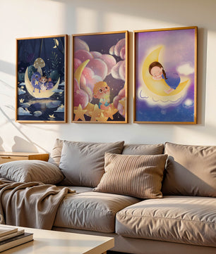 Triptyque d’art pour enfants sur le thème de la lune et des étoiles