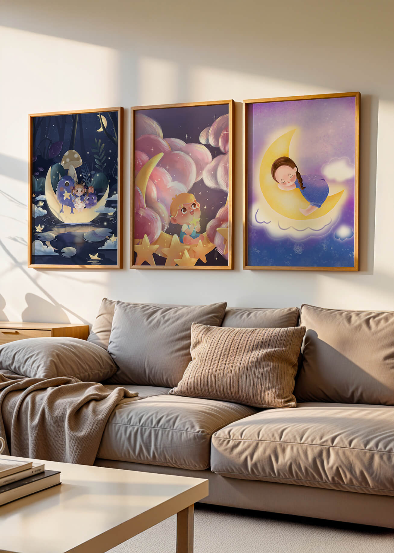 Tríptico de Arte Infantil con Temática de Luna y Estrellas