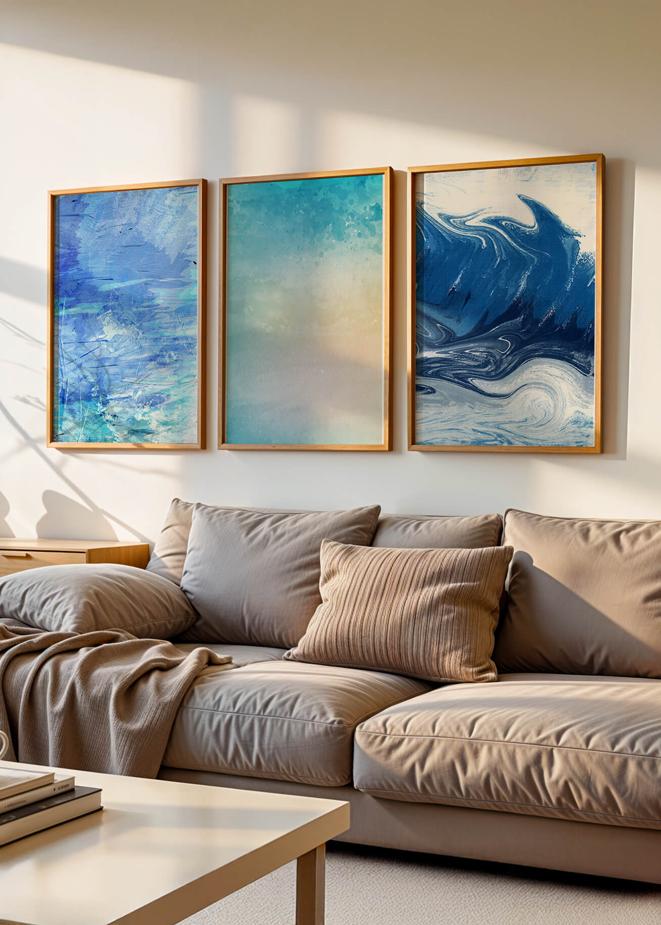 Décoration moderne avec triptyque d'art abstrait dans les tons bleus et beige