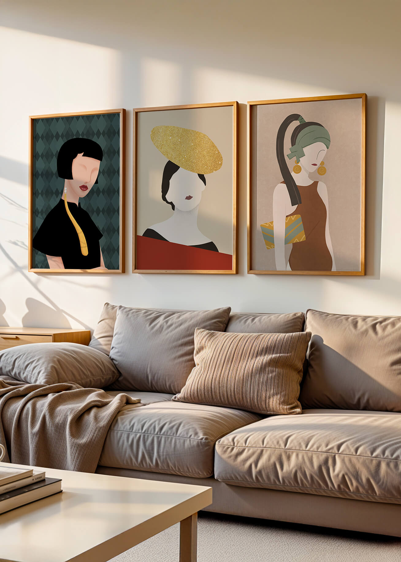 Trio de portraits modernes avec lignes douces et chapeaux exubérants