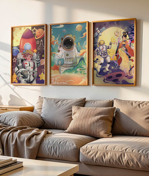 Bunte Weltraumszenen mit Astronautenfiguren und fantastischen Landschaften