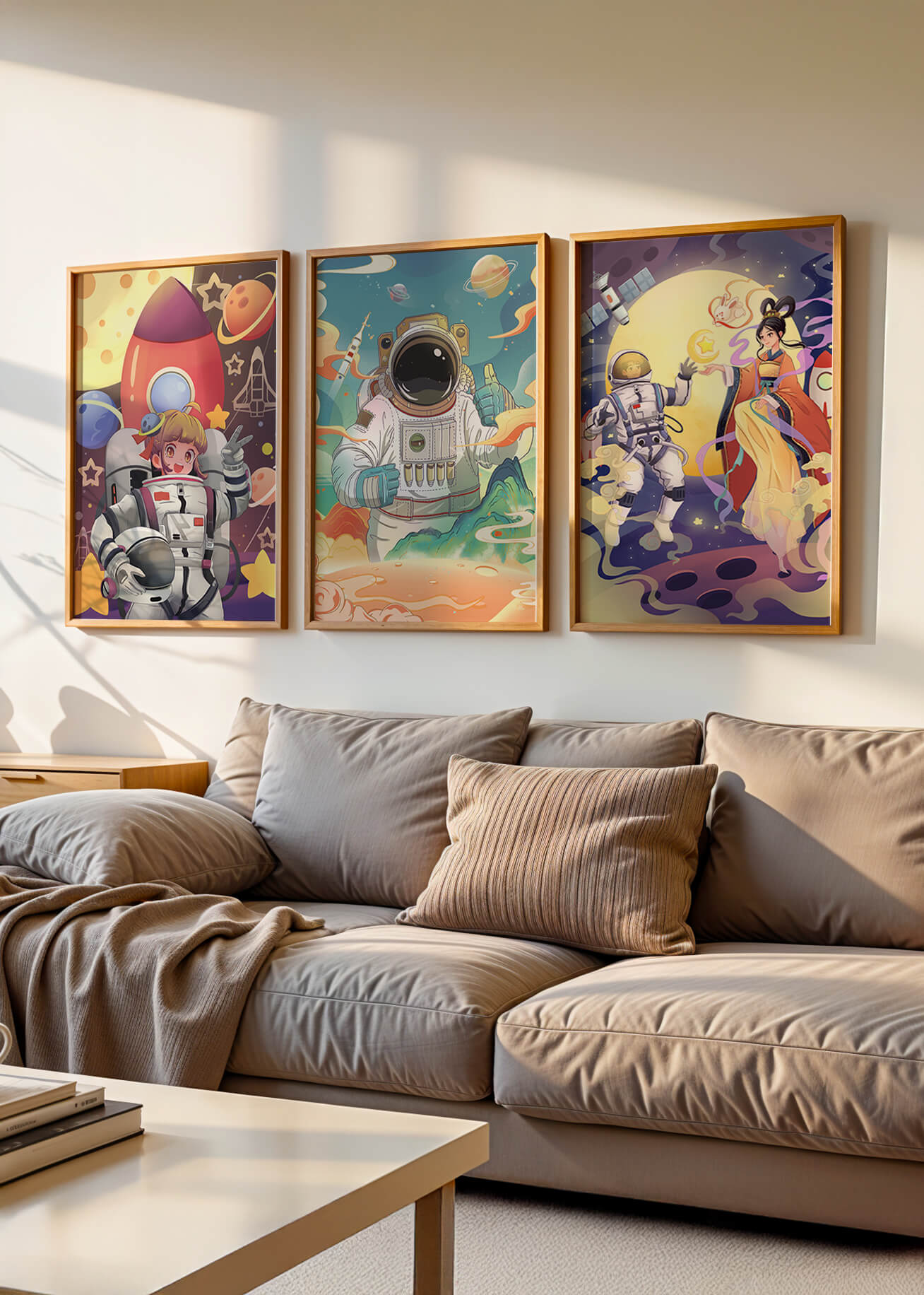 Bunte Weltraumszenen mit Astronautenfiguren und fantastischen Landschaften