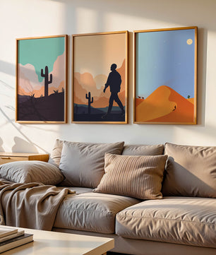Ensemble d'impressions artistiques de paysages désertiques avec des silhouettes et des cactus
