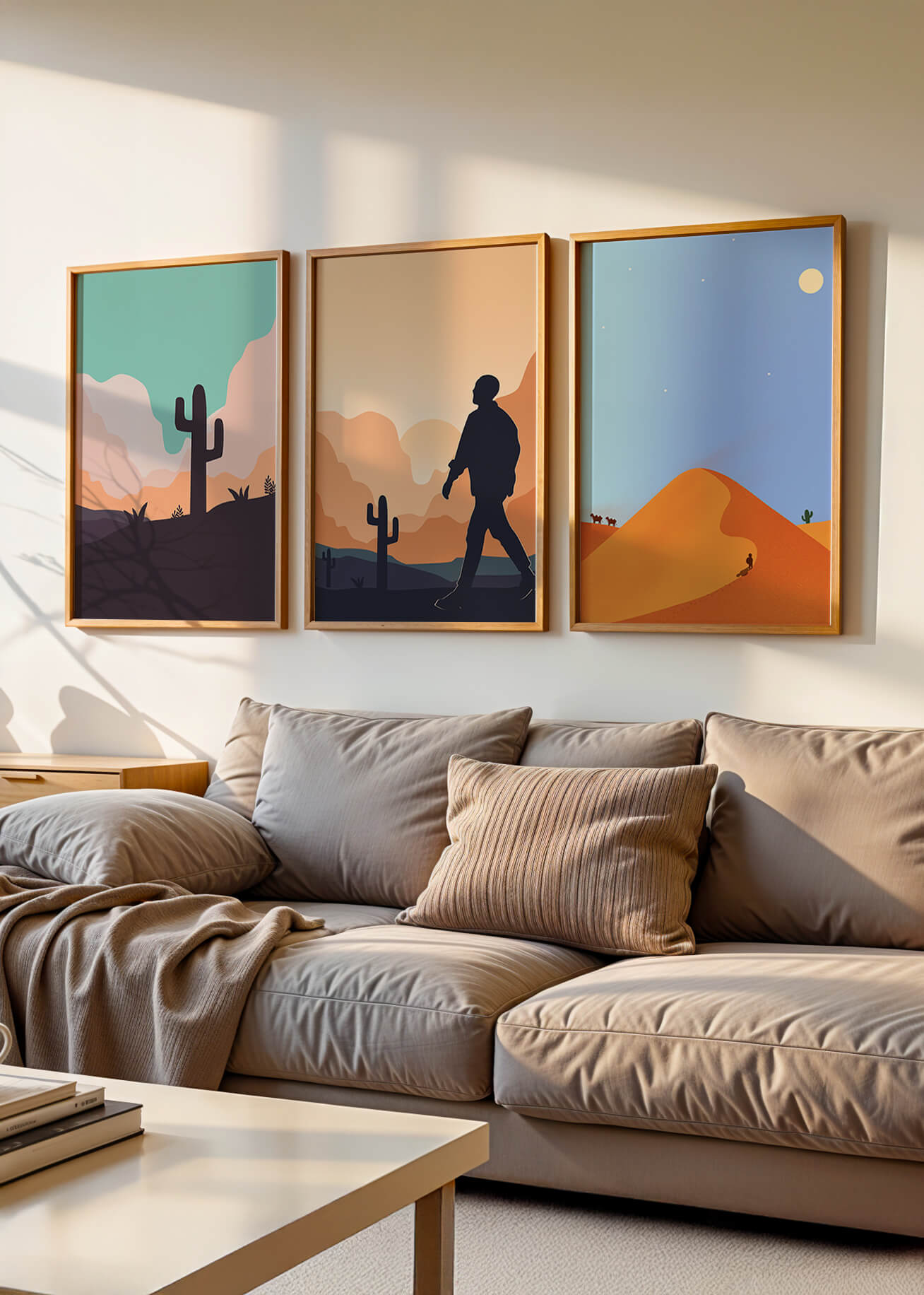 Ensemble d'impressions artistiques de paysages désertiques avec des silhouettes et des cactus