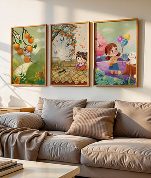 Ensemble de trois illustrations pour enfants avec des fruits et des animaux