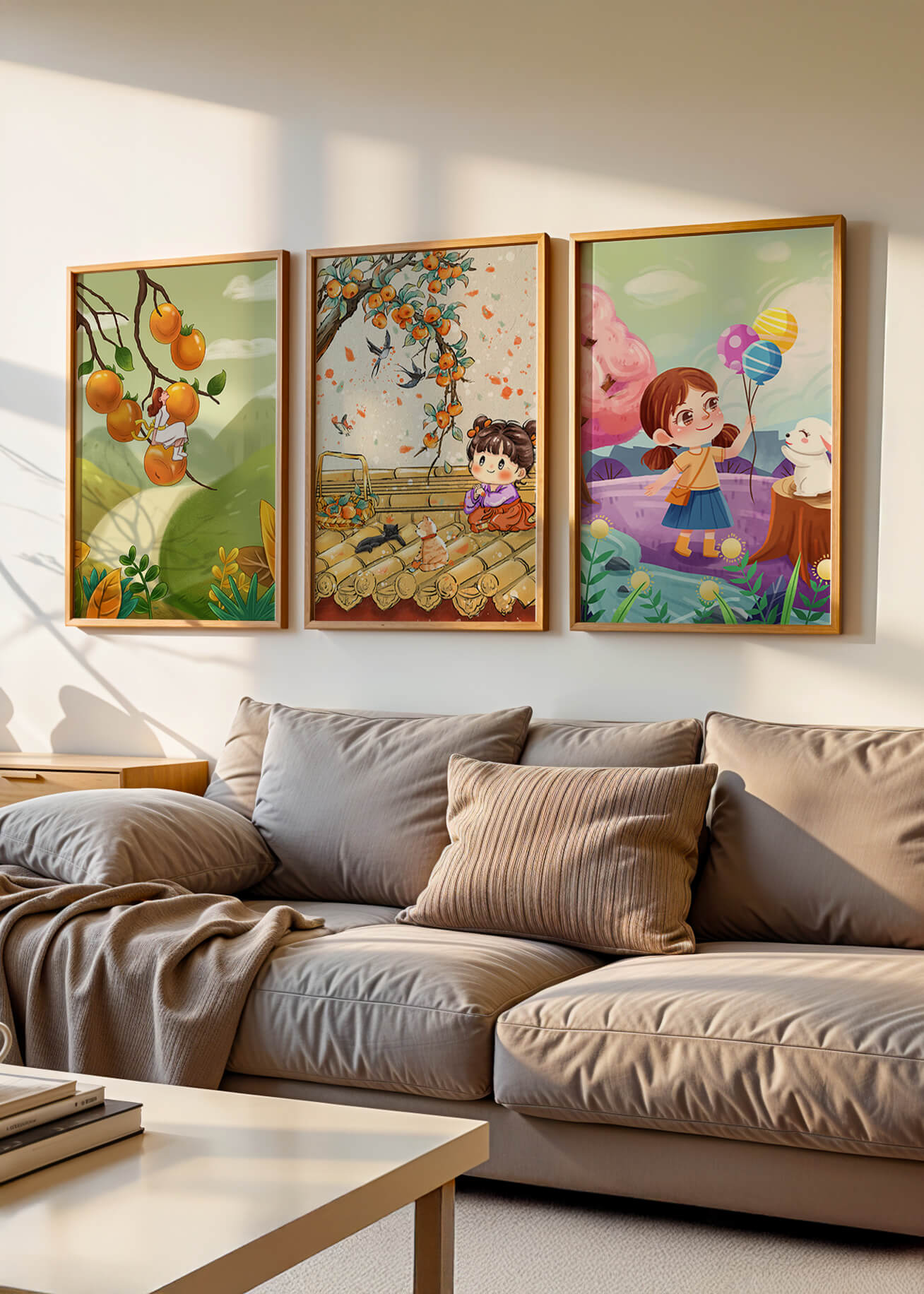 Ensemble de trois illustrations pour enfants avec des fruits et des animaux