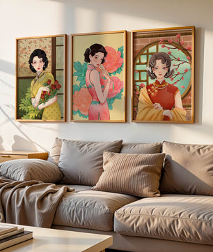 Ensemble de trois illustrations de femmes au style asiatique classique