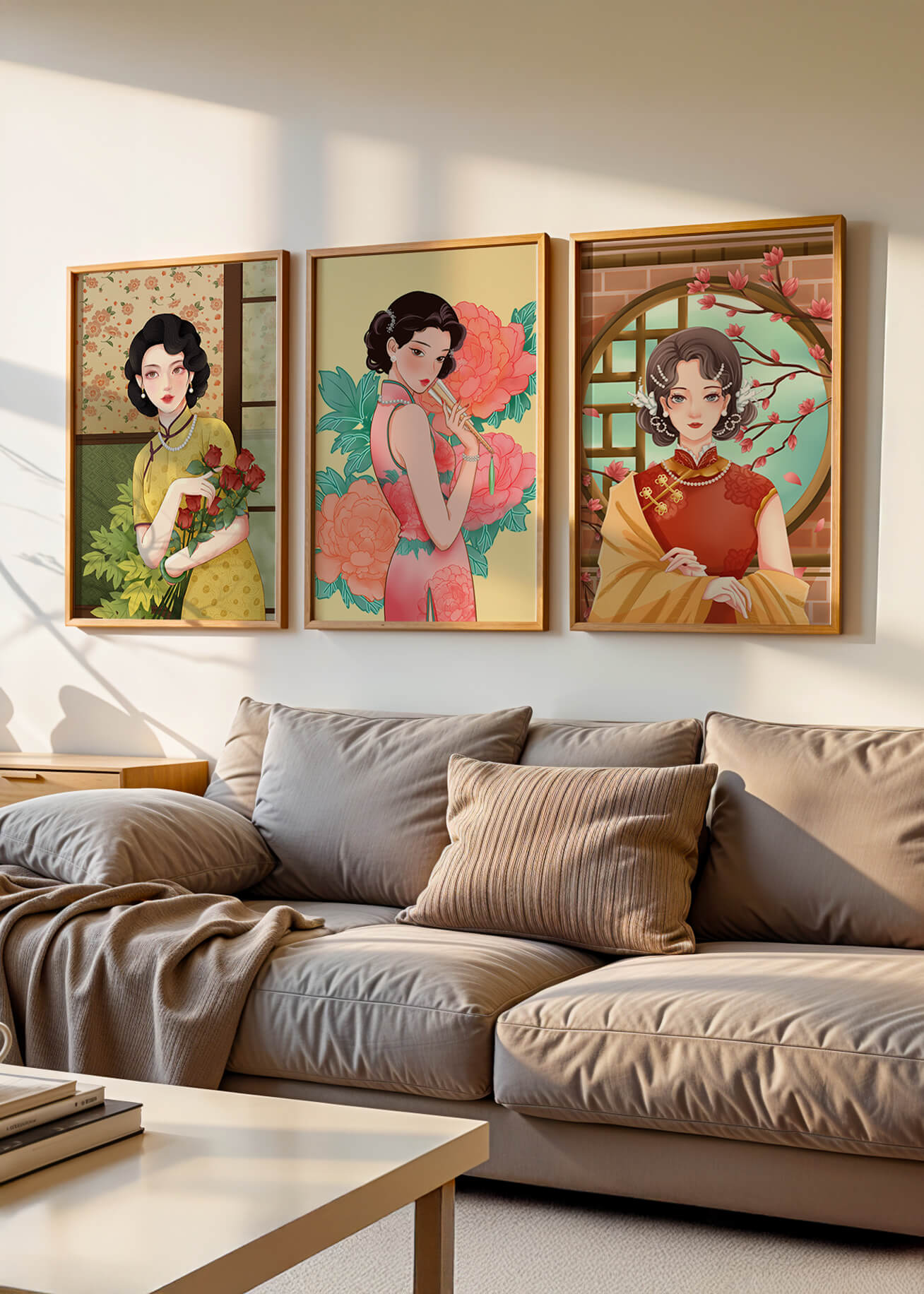 Conjunto de Tres Ilustraciones de Mujeres con Estilo Asiático Clásico