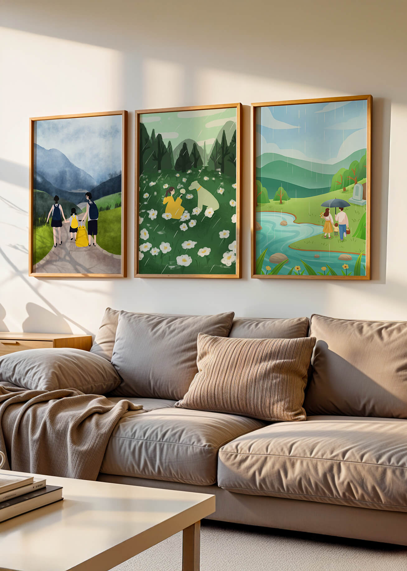 Set aus Drei Naturlandschaften mit Holzrahmen